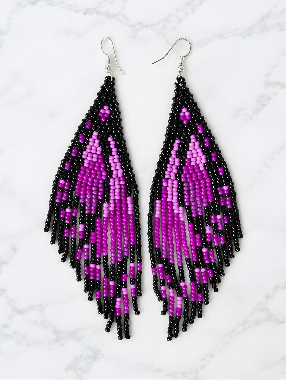Handmade Monarch Butterfly Boho Fringe Beaded Earrings - Purple